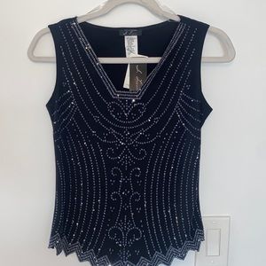 S LEVINE Black/Silver Sleeveless Beaded Sequin Top Stein Mart